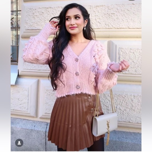 BLOGGER FAV ZARA Pom Pom Knit Wool Alpaca Sweater Cardigan w/ Rhinestone Button - Picture 3 of 12